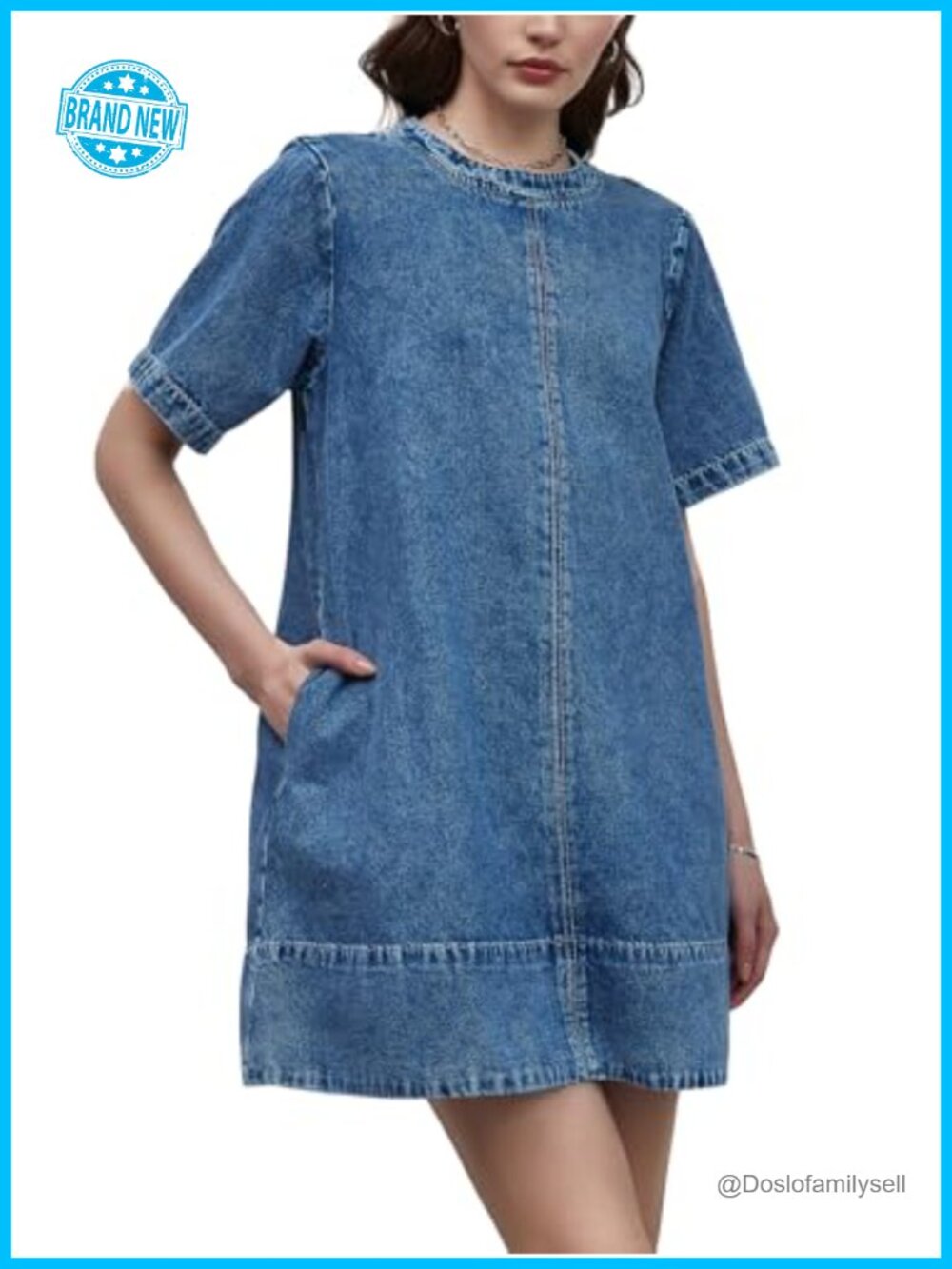 Denim Dress Women Short Sleeve Chambray Mini Jean Dress Pockets Loose Fit